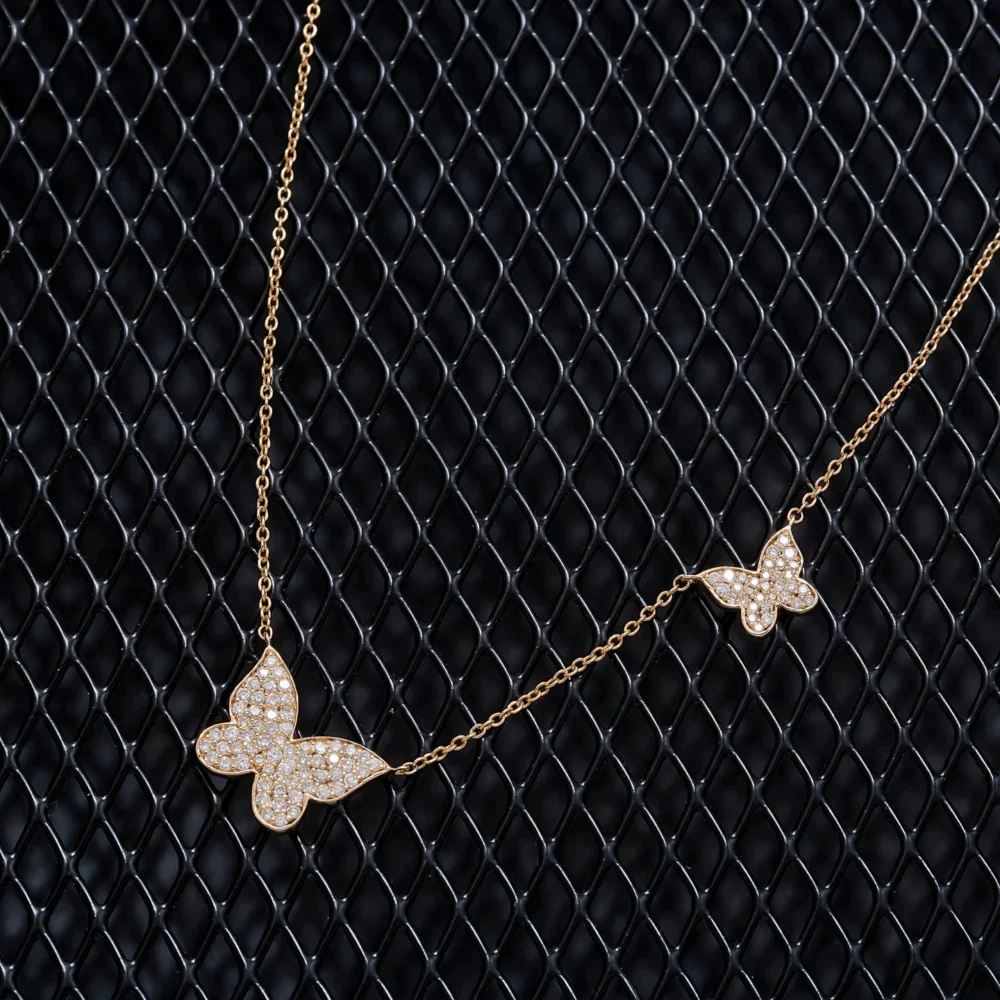 14K GOLD DIAMOND DOUBLE BUTTERFLY NECKLACE 0.40 CT