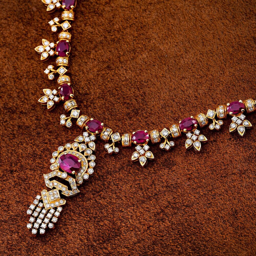 18K Yellow Gold Women’s Necklace, 18″ Chain and Diamonds and Rubies