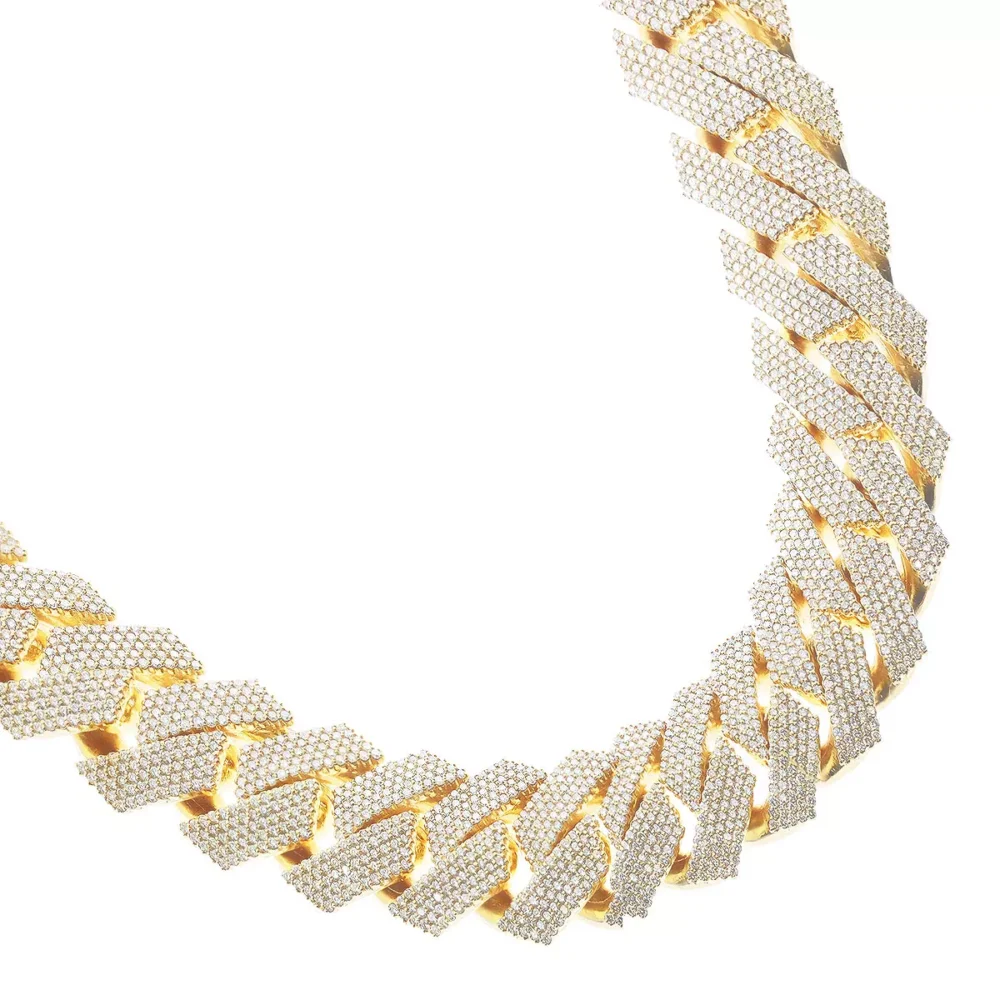 Prong Set Diamond Iced Out Cuban Link Chain 14k Yellow Gold