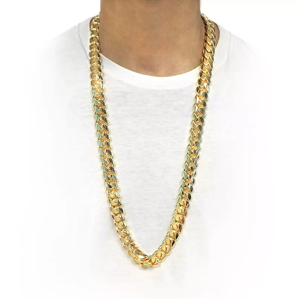 Solid 14K Yellow Gold Miami Cuban Link Chain Necklace for Men 18mm 22-40in